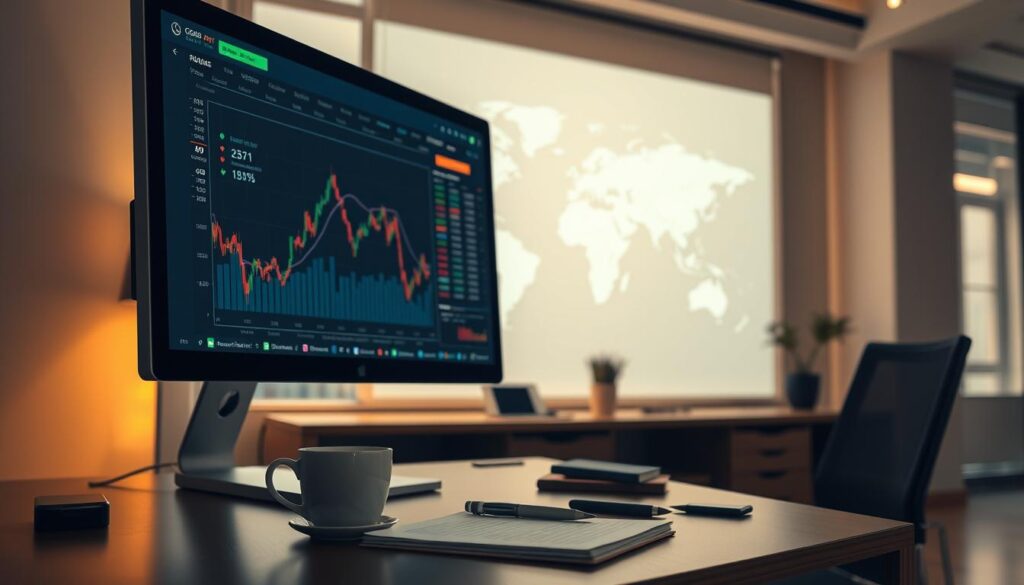 A professional and serene trading desk with a calm, focused atmosphere. The foreground features a modern desktop setup with a sleek computer monitor displaying financial charts and data. On the desk, a cup of tea or coffee sits alongside a notebook, pen, and a compact smartphone. The middle ground showcases a large, high-resolution world map or currency exchange rates projected onto the wall behind the desk, creating a sense of global connectivity. The background depicts a warm, natural lighting filtering through large windows, casting a soft glow over the space. The overall scene conveys a sense of thoughtful analysis, self-discipline, and a measured approach to currency trading.