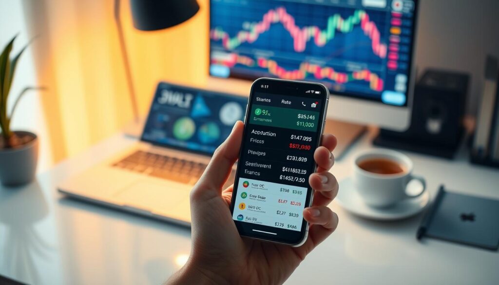 A serene office setting, with a desk featuring a laptop, a cup of coffee, and financial charts displayed on the screen. Soft, warm lighting illuminates the scene, creating a contemplative atmosphere. In the foreground, a hand holds a smartphone, its screen displaying currency exchange rates, reflecting the subject of "التعامل مع الخسائر في تداول العملات". The background is slightly blurred, emphasizing the focus on the financial tools and the act of mindful decision-making. The overall composition conveys a sense of control, discipline, and the ability to navigate the challenges of currency trading with a calm and composed demeanor.
