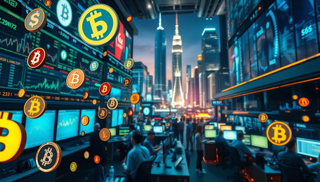 A bustling digital currency market, with a vibrant atmosphere and dynamic energy. In the foreground, various digital currency symbols and logos float against a backdrop of glowing screens, graphs, and financial data. The middle ground features traders and analysts intently studying their screens, making decisions in the fast-paced world of digital finance. In the background, a sleek, futuristic cityscape with towering skyscrapers and a vibrant, neon-lit skyline sets the scene. The lighting is a mix of cool, blue tones and warm, golden hues, creating a sense of technological sophistication and financial prowess. The overall composition conveys the excitement, complexity, and importance of the digital currency market. A bustling digital currency market, with a vibrant atmosphere and dynamic energy. In the foreground, various digital currency symbols and logos float against a backdrop of glowing screens, graphs, and financial data. The middle ground features traders and analysts intently studying their screens, making decisions in the fast-paced world of digital finance. In the background, a sleek, futuristic cityscape with towering skyscrapers and a vibrant, neon-lit skyline sets the scene. The lighting is a mix of cool, blue tones and warm, golden hues, creating a sense of technological sophistication and financial prowess. The overall composition conveys the excitement, complexity, and importance of the digital currency market.