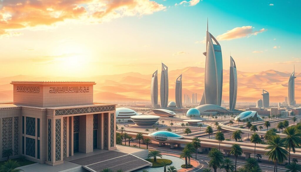 A sophisticated legal framework for digital currencies in Saudi Arabia, depicted through a seamless blend of modern architecture, Saudi cultural motifs, and a futuristic cityscape. The foreground showcases a elegant government building with intricate geometric patterns and calligraphic elements, symbolizing the regulatory authority. The middle ground features a bustling financial district with towering skyscrapers and futuristic transportation systems, representing the integration of digital currencies into the kingdom's economy. The background showcases the distinctive Saudi landscape, with desert dunes, palm trees, and a vibrant sky, creating a sense of national identity. The overall image conveys a sense of technological progress, legal stability, and national pride surrounding the regulation of digital currencies in Saudi Arabia. A sophisticated legal framework for digital currencies in Saudi Arabia, depicted through a seamless blend of modern architecture, Saudi cultural motifs, and a futuristic cityscape. The foreground showcases a elegant government building with intricate geometric patterns and calligraphic elements, symbolizing the regulatory authority. The middle ground features a bustling financial district with towering skyscrapers and futuristic transportation systems, representing the integration of digital currencies into the kingdom's economy. The background showcases the distinctive Saudi landscape, with desert dunes, palm trees, and a vibrant sky, creating a sense of national identity. The overall image conveys a sense of technological progress, legal stability, and national pride surrounding the regulation of digital currencies in Saudi Arabia.