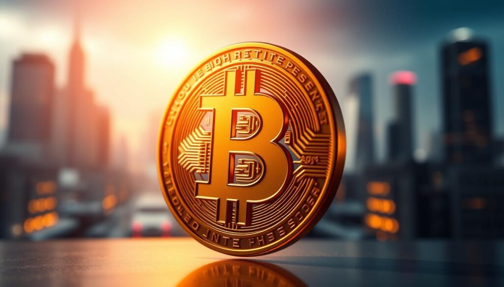 An iconic golden bitcoin symbol, gleaming and prominent, positioned in the foreground against a blurred, ethereal backdrop of a futuristic cityscape. The bitcoin emblem radiates a sense of digital innovation and financial power, casting a warm glow that illuminates the scene. Soft, directional lighting accentuates the metallic sheen and depth of the cryptocurrency icon, while a shallow depth of field focuses the viewer's attention on the central, symbolic element. The overall mood is one of technological advancement, digital transformation, and the ascendance of cryptocurrencies as a dominant financial force.